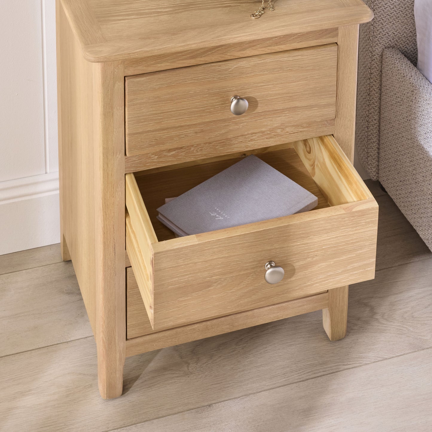 Oakridge 3 Drawer Bedside Light Oak