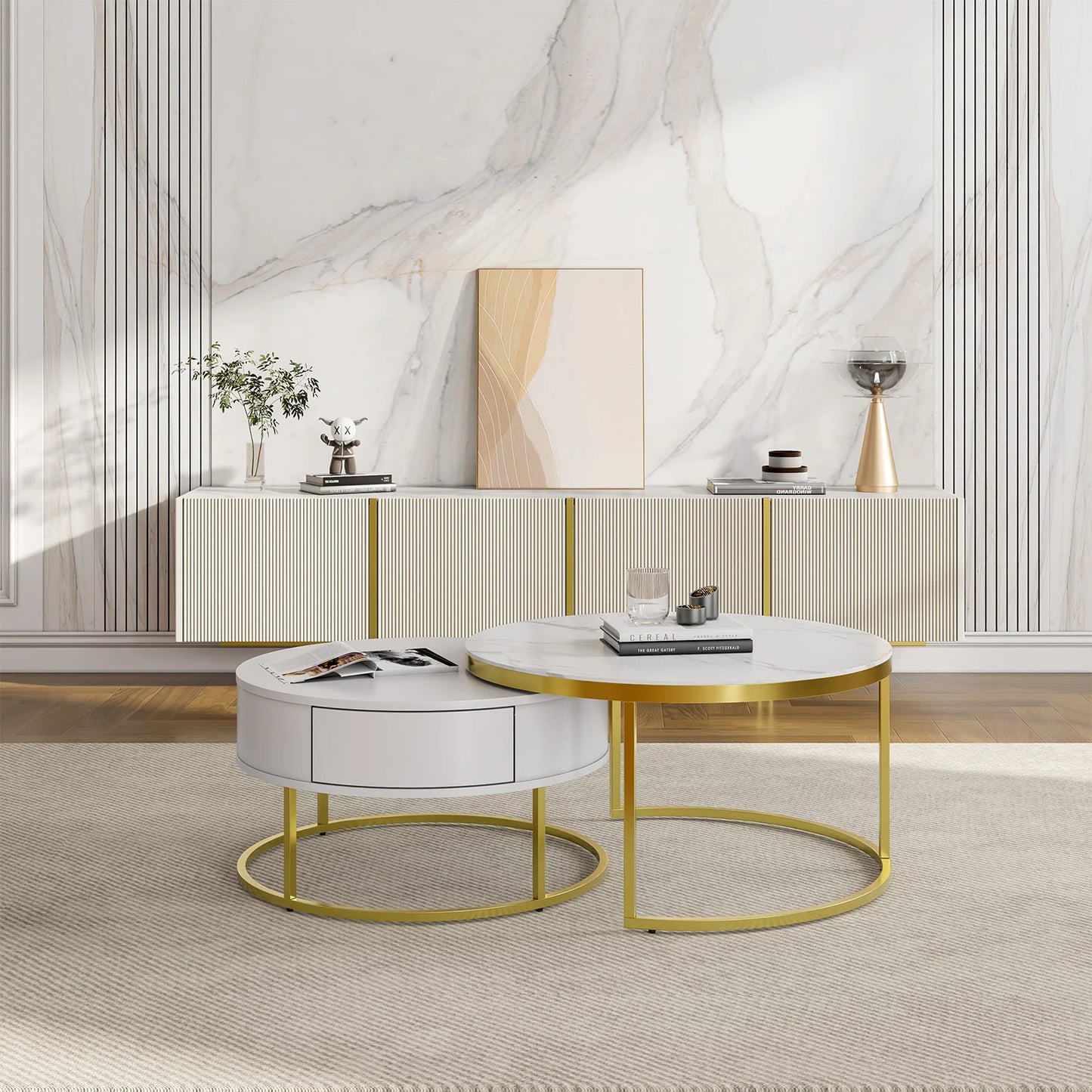 Cassandra Common Luxury Nesting Round Coffee Table with Drawers